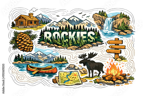 Rockies mountain adventure collage with cabin, moose, canoe, waterfall and campfire for travel poster, outdoor background and nature design