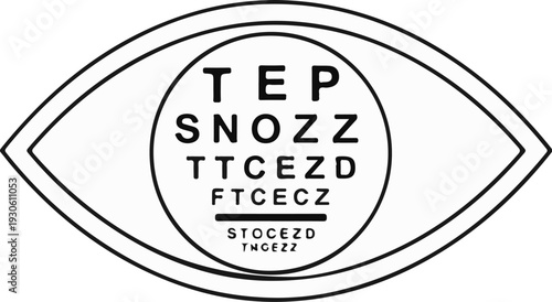 Stylized eye symbol containing a black and white eye chart with letter lines