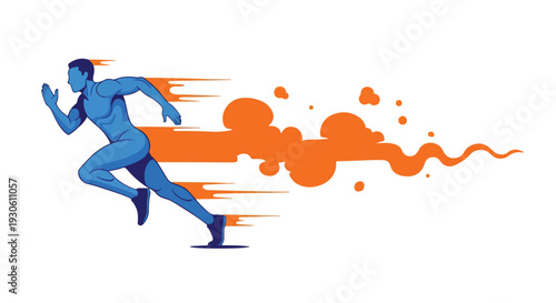 Illustration of a blue runner with motion lines and orange splashes on a white background, conveying energy and movement.