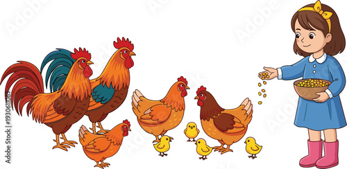 Cute girl feeding chickens and roosters on farm, cartoon illustration of child caring for poultry isolated on white background