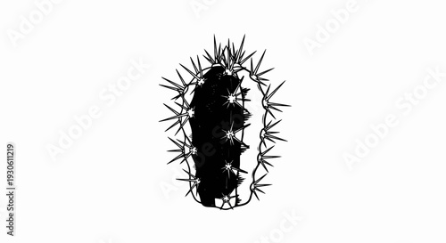Textured black and white illustration of a spiky cactus on a white background
