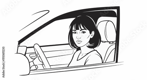 Stylized ink sketch of a woman with bob haircut driving a vehicle