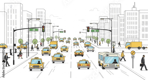 City Street with Cars and Pedestrians.