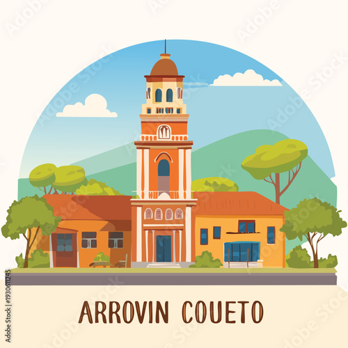 Colorful cartoon illustration of a historic building with a tall tower