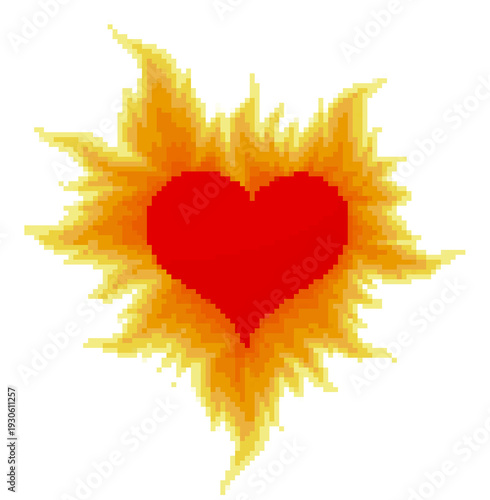 Pixel red heart in a hot flame.