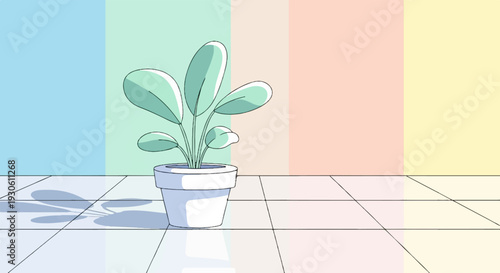 Stylized potted plant with broad leaves casting shadows on a tiled floor against a pastel striped background