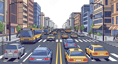 City Street with Cars and Buses.