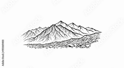 Stylized ink sketch of jagged mountain range with rocky terrain