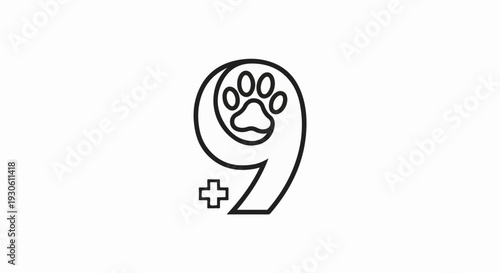 Stylized number nine with a paw print inside and a plus sign