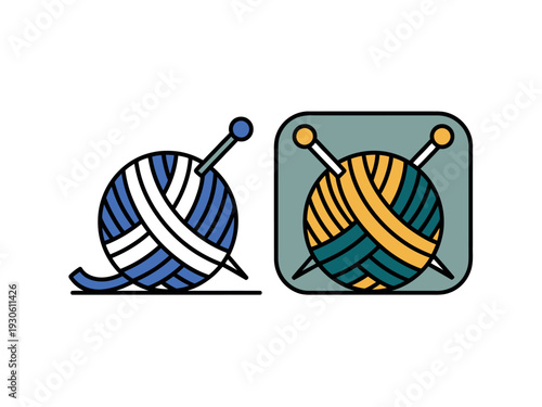 Colorful illustration of yarn balls and knitting needles in blue, white, yellow, and green hues