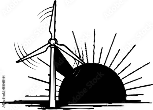 Stylized line drawing of a wind turbine with spinning blades against a rising sun
