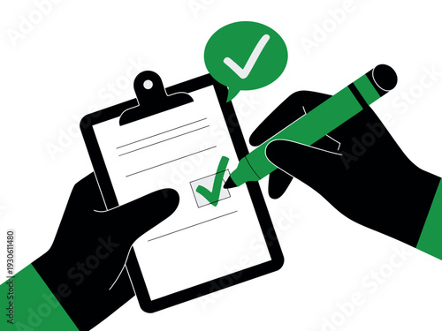 Person holding clipboard with green checkmark, pen, and paper for approval or confirmation