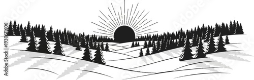 Stylized sunrise over a snow-covered evergreen forest