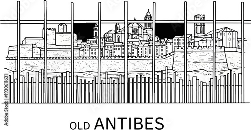 Stylized line drawing of an old fortified town with a river and fence
