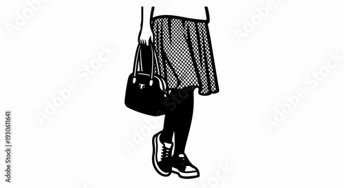 Stylized illustration of a person's legs, holding a purse and wearing a skirt and sneakers