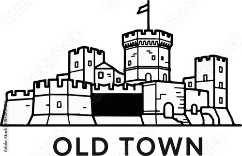 Stylized line drawing of an old stone castle with a flag on top