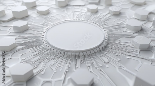 Abstract white geometric shapes, circular pattern, technology concept, background image, stock photo