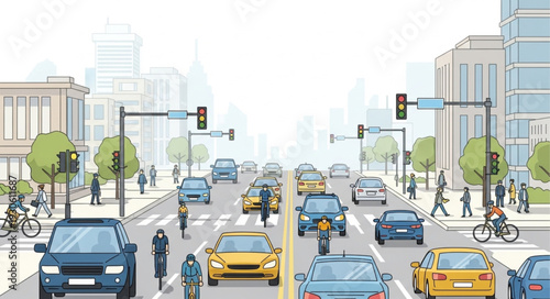 City Street with Cars and Pedestrians.