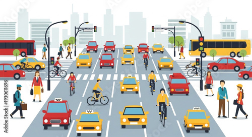 City Street with Cars and Pedestrians.