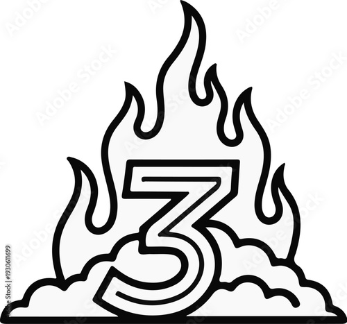 stylized number three engulfed in flames and smoke
