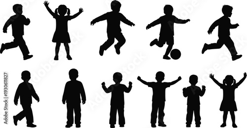 Children silhouette vector illustration, kids jumping running playing, outdoor activity poses, childhood fun motion, sports teamwork, playground design, expressive dynamic figures