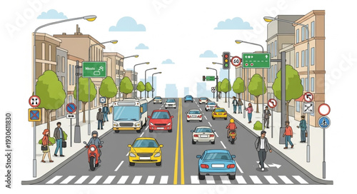 City Street with Cars and Pedestrians.