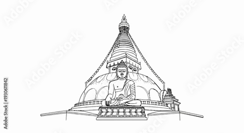Stylized line drawing of Buddha seated before a tiered temple spire