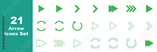 Set arrow icons. Collection arrows sign. Black arrow icon set. Arrow. Cursor. Simple arrow set. Vector illustration. 21 Minimal Arrow and Refresh Icons Set for UI Navigation, Play Forward, Loop Arrows