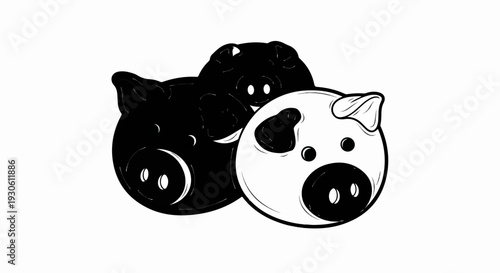 Stylized trio of pig heads, two black, one white, with round noses