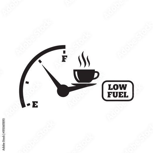 Low fuel gauge pointing to empty with coffee cup vector icon concept for needing caffeine energy
