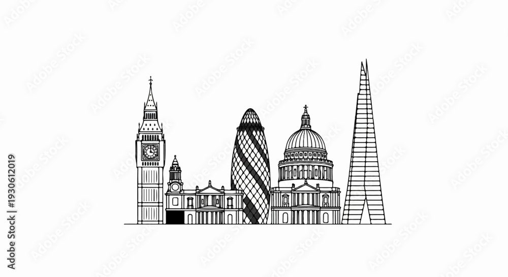 Fototapeta premium Stylized line drawing of iconic London skyscrapers and buildings