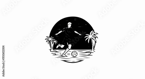 Stylized silhouette of a soccer player kicking ball amidst palm trees