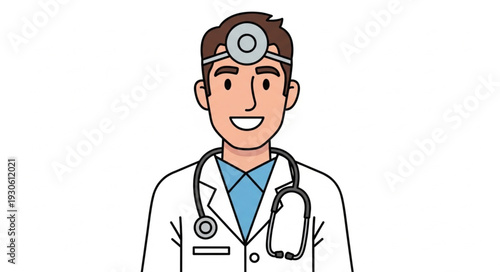 Smiling Doctor with Stethoscope Headlamp Wearing Lab Coat.