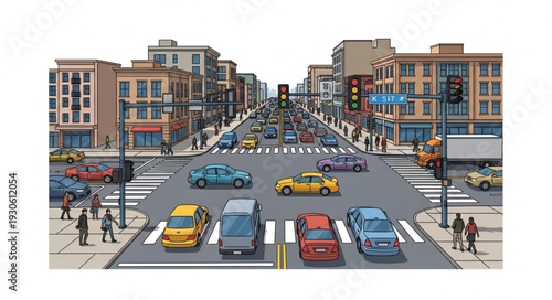 City Street with Cars and Pedestrians.