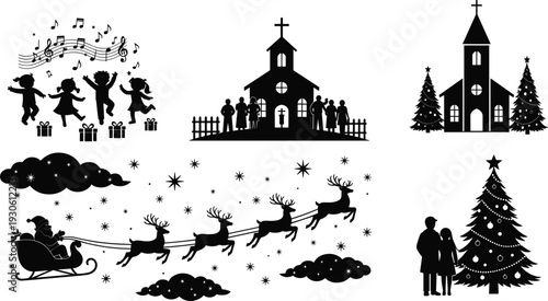 Christmas carolers, festive church scenes, Santa sleigh with reindeer, decorated Christmas trees, holiday couple celebration, winter holiday silhouette illustration vector