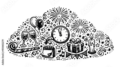 New year party celebration background with clock, fireworks, gifts and champagne for new year card, banner and poster design