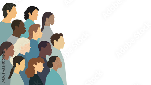 Illustration of multicultural international people men and women standing side by side. Togetherness, teamwork, community concept. Colorful minimal bold illustration for a poster, banner, article. 