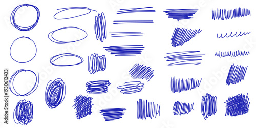 Messy textured blue line scribbles and anti-design doodles vector illustration set isolated on white background. Messy pen scratch scribble doodle elements in blu