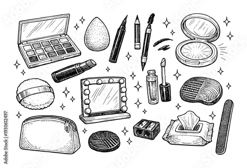 Makeup cosmetic set hand drawn sketch background for beauty vanity and makeup design poster banner cosmetic branding elements