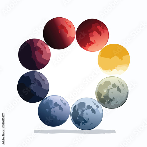 Colorful circular array of stylized celestial orbs on white background