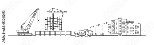 Urban construction site with tower crane crawler crane dump truck and apartment building for design background and industrial poster