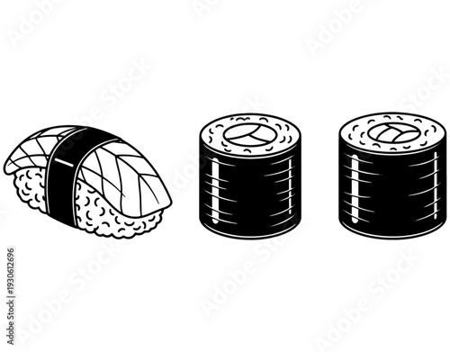 Hand drawn vector illustration of traditional Japanese sushi and maki rolls isolated on white background, minimal black and white sketch of salmon nigiri and sushi for restaurant menu. 