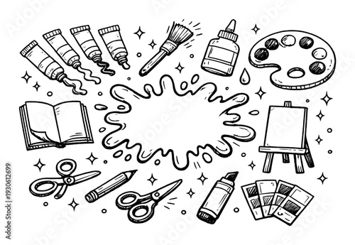 Art and craft supplies composition with painting and stationery elements for design, poster and background use