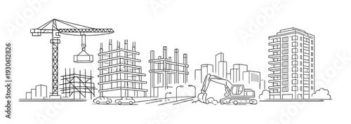 Construction site skyline with crane excavator and unfinished buildings for urban development design banner background and architectural project concept