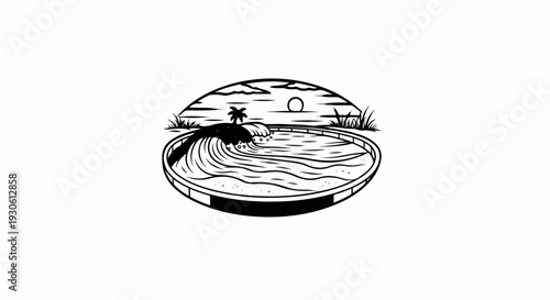 Stylized ocean wave crashing into a circular pool with palm tree and sun