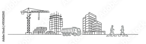 City construction scene with crane dump truck and pedestrians crossing for urban safety and transportation design banner background