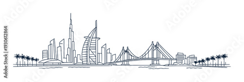 Modern waterfront skyline with iconic towers bridge and palm trees for corporate travel tourism banner background and city design
