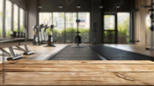 A wooden table in a modern gym interior. Exercise equipment is visible in the background, with large windows allowing natural light to enter.