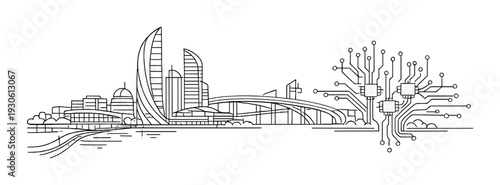 Futuristic waterfront city skyline with circuit chip tree network for smart urban infrastructure background and concept design