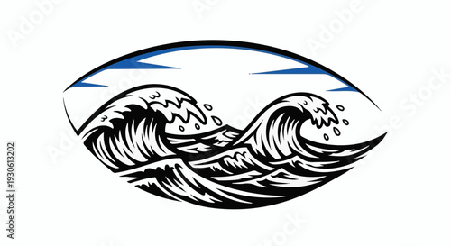 Stylized ocean waves cresting within an abstract, eye-shaped frame